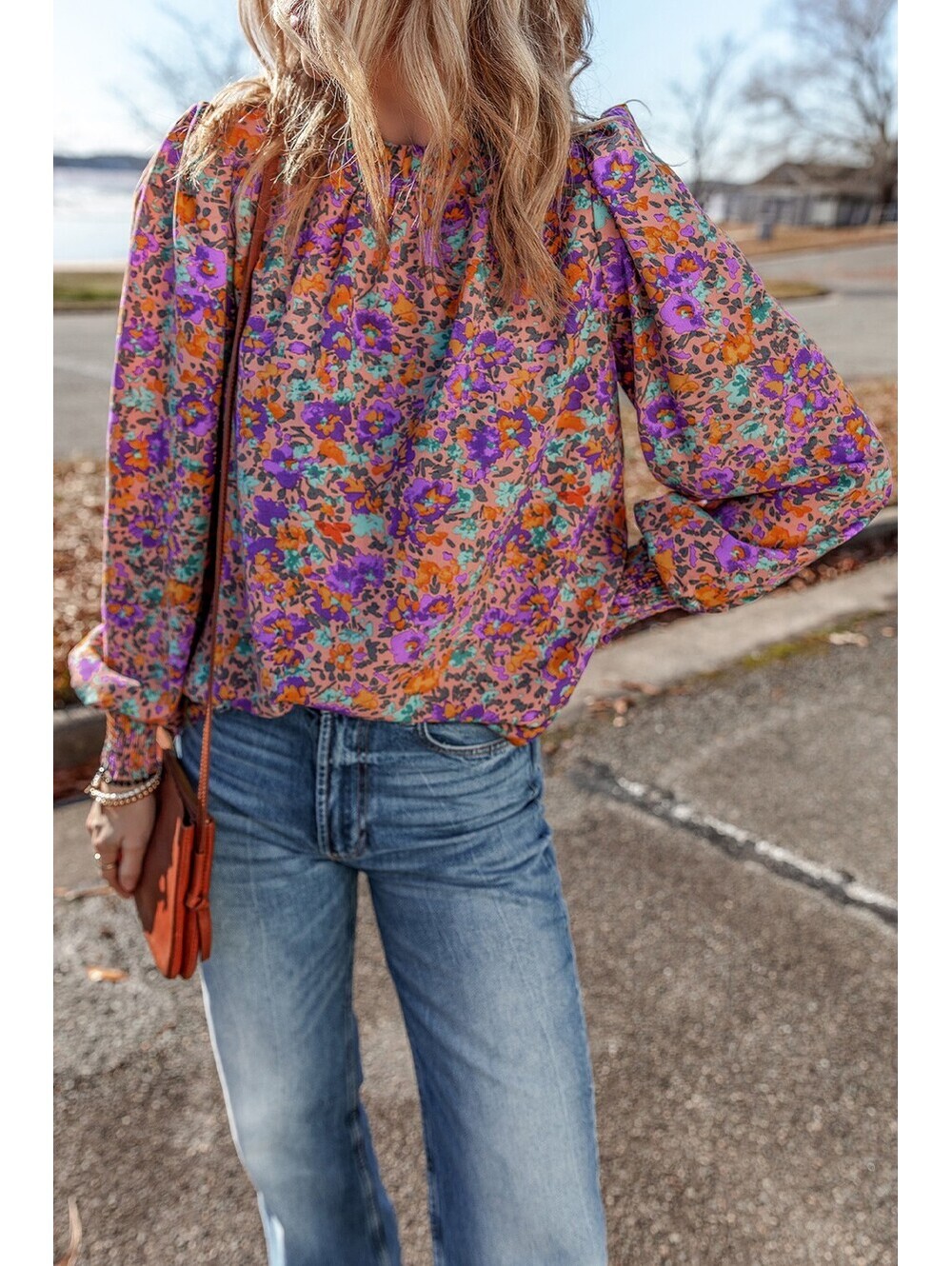 Women's Long Sleeve Floral Print Blouse with Ruffled Neck and Smocked Cuffs - Picture 2 of 7